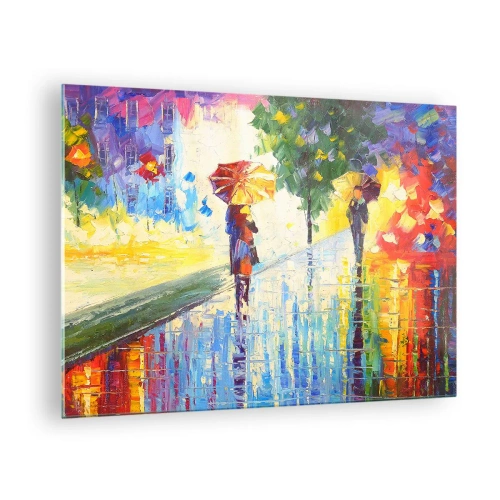 Glasbild - Bild auf glas - Ein farbenfroher Spaziergang im Regen mit einem Regenschirm im impressionistischen Stil - 70x50cm - Und alles klar - Moderne Wanddekoration für Wohnzimmer und Schlafzimmer ARTTOR