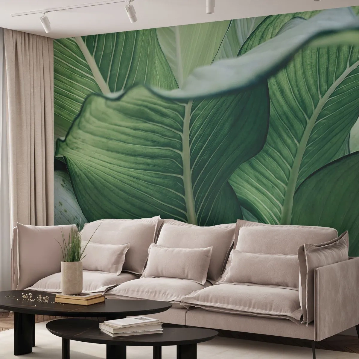 Fototapete Premium Sand - Nahaufnahme der großen grünen Blätter einer tropischen Pflanze - 100x70cm - Intensiv grünes Leben - Moderne Wanddekoration für Wohnzimmer und Schlafzimmer ARTTOR
