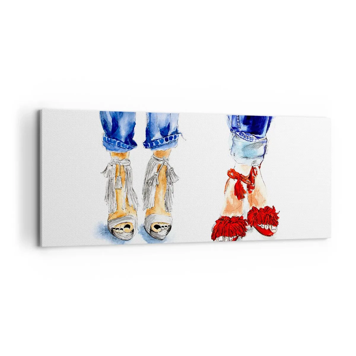 Bild auf Leinwand - Leinwandbild - Abbildung von zwei Paar Schuhen in stylischen Sandalen und Jeans - 120x50cm - Vielleicht gehen wir spazieren? - Moderne Wanddekoration für Wohnzimmer und Schlafzimmer ARTTOR