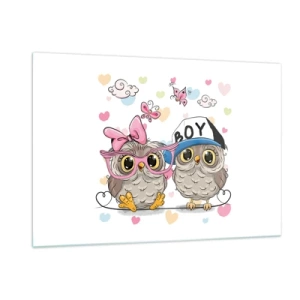 Glasbild - Bild auf glas - Ein Paar fröhlicher Eulen in einer Pastellkomposition - 120x80cm - Lass uns Liebe machen! - Moderne Wanddekoration für Wohnzimmer und Schlafzimmer ARTTOR