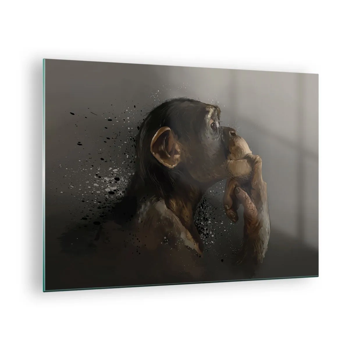 Glasbild - Bild auf glas - Ein nachdenklich dreinblickender Affe vor dunklem Hintergrund mit Splatter-Effekt - 70x50cm - Sicherlich ein Denker - Moderne Wanddekoration für Wohnzimmer und Schlafzimmer ARTTOR