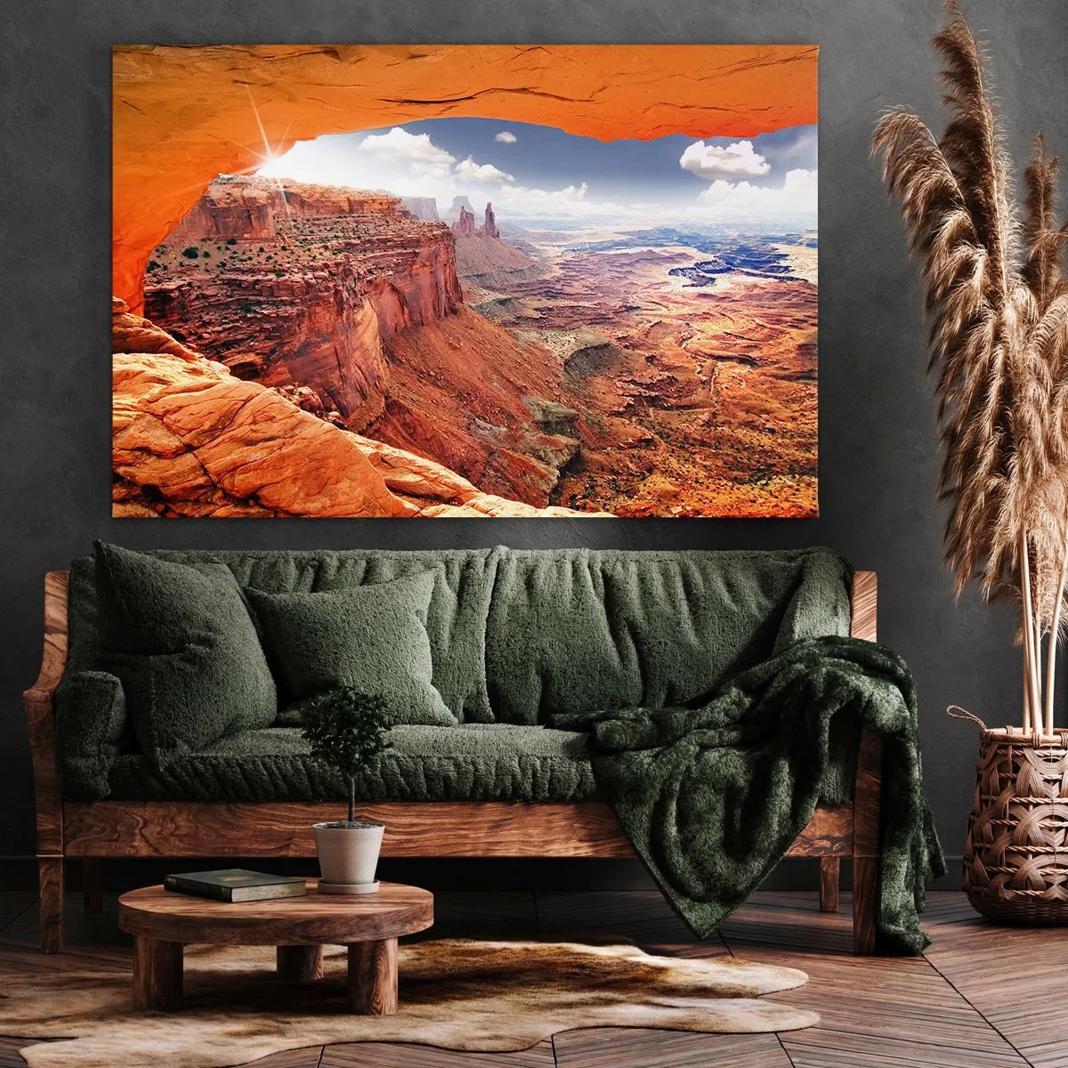 Bild auf Leinwand - Leinwandbild - Canyon durch ein Felsfenster mit warmen Felstönen gesehen - 70x50cm - Von der Natur selbst geschnitzt - Moderne Wanddekoration für Wohnzimmer und Schlafzimmer ARTTOR