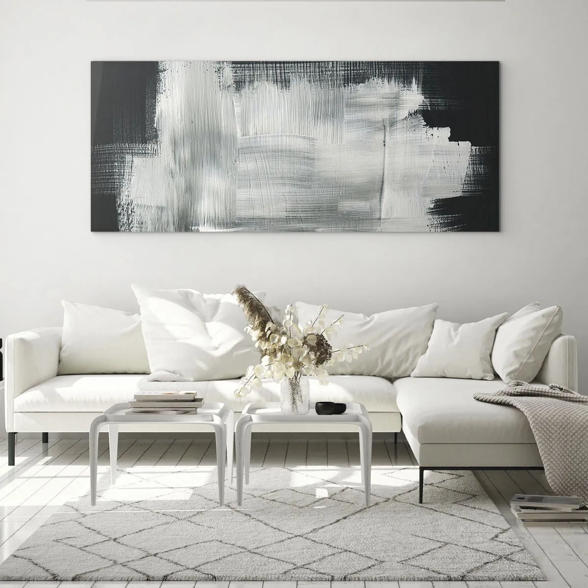 Glasbild - Bild auf glas - Weiße abstrakte Striche auf dunklem Hintergrund - 140x50cm - Vertikal und horizontal gewebt - Moderne Wanddekoration für Wohnzimmer und Schlafzimmer ARTTOR