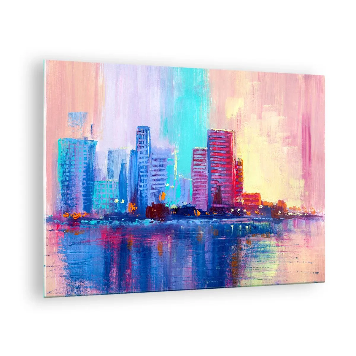 Glasbild - Bild auf glas - Eine moderne Stadt in intensiven Farben, die sich im Wasser spiegelt - 70x50cm - In Farben getaucht - Moderne Wanddekoration für Wohnzimmer und Schlafzimmer ARTTOR