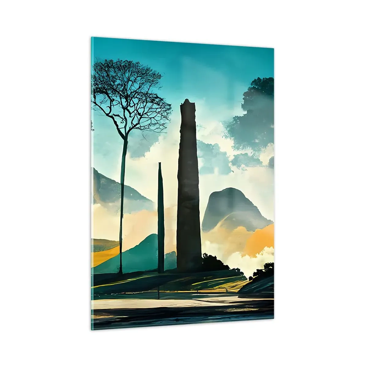 Glasbild - Bild auf glas - Eine Fantasielandschaft mit Bergen, Bäumen und einem hoch aufragenden Felsen - 50x70cm - Immer höher und höher - Moderne Wanddekoration für Wohnzimmer und Schlafzimmer ARTTOR