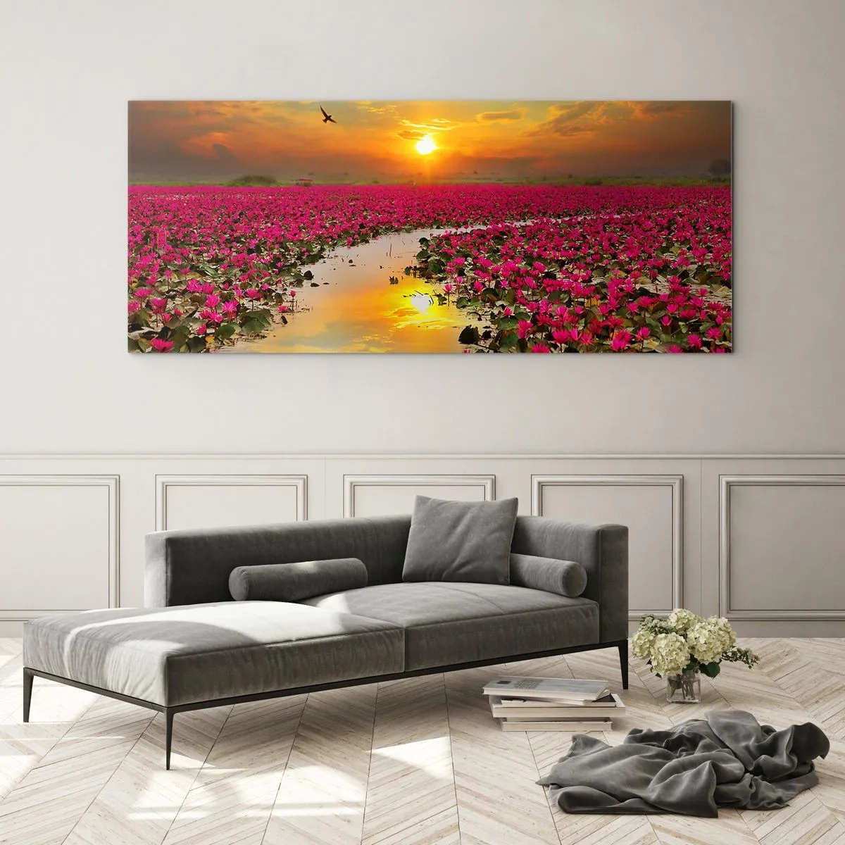 Glasbild - Bild auf glas - Ein Feld mit rosa Seerosen bei Sonnenuntergang - 140x50cm - Das geheime Leben des Sees - Moderne Wanddekoration für Wohnzimmer und Schlafzimmer ARTTOR