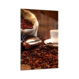 Glasbild - Bild auf glas - Eine Tasse Kaffee mit Kaffeebohnen und einem Getreidesack im Hintergrund - 70x100cm - Fühlst du diesen Geruch? - Moderne Wanddekoration für Wohnzimmer und Schlafzimmer ARTTOR