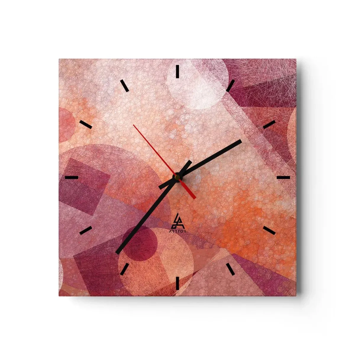 Wanduhr - Glasuhr - Abstrakte geometrische Formen in Pastelltönen von Rosa - 30x30cm - Geometrische Transformationen in Pink - Moderne Wanddekoration für Wohnzimmer und Schlafzimmer ARTTOR