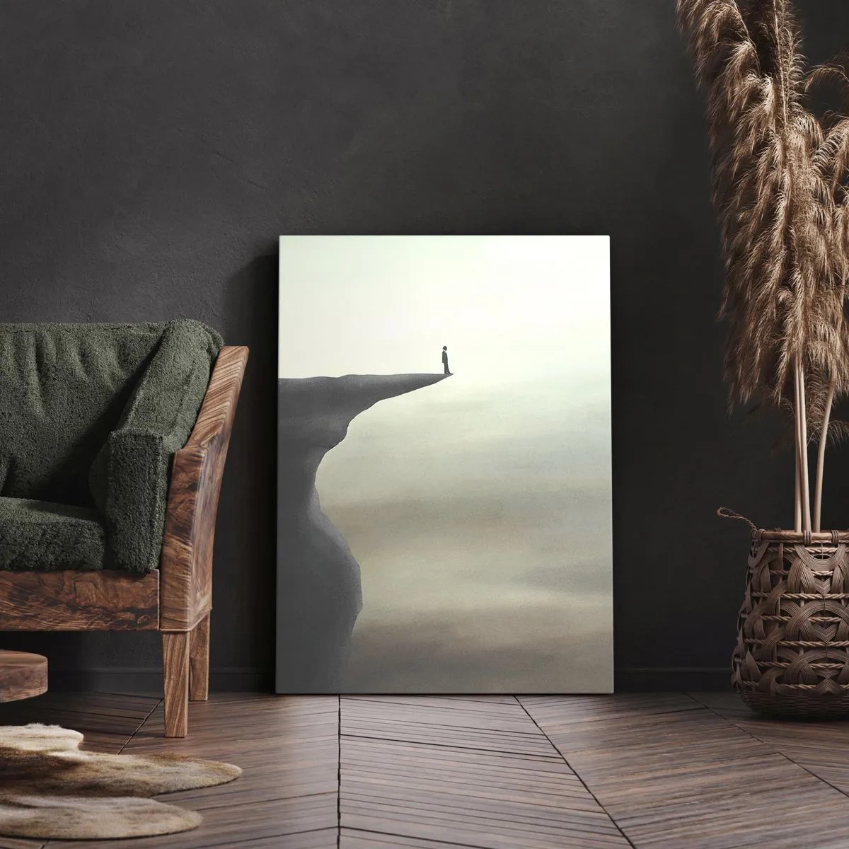 Bild auf Leinwand - Leinwandbild - Silhouette einer Figur am Rand einer Klippe in einer nebligen Landschaft - 50x70cm - Nach oben, natürlich! - Moderne Wanddekoration für Wohnzimmer und Schlafzimmer ARTTOR