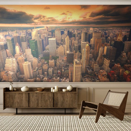 Fototapete Premium Sand - Stadtpanorama mit Wolkenkratzern bei Sonnenuntergang - 100x70cm - Vergoldete Metropole - Moderne Wanddekoration für Wohnzimmer und Schlafzimmer ARTTOR