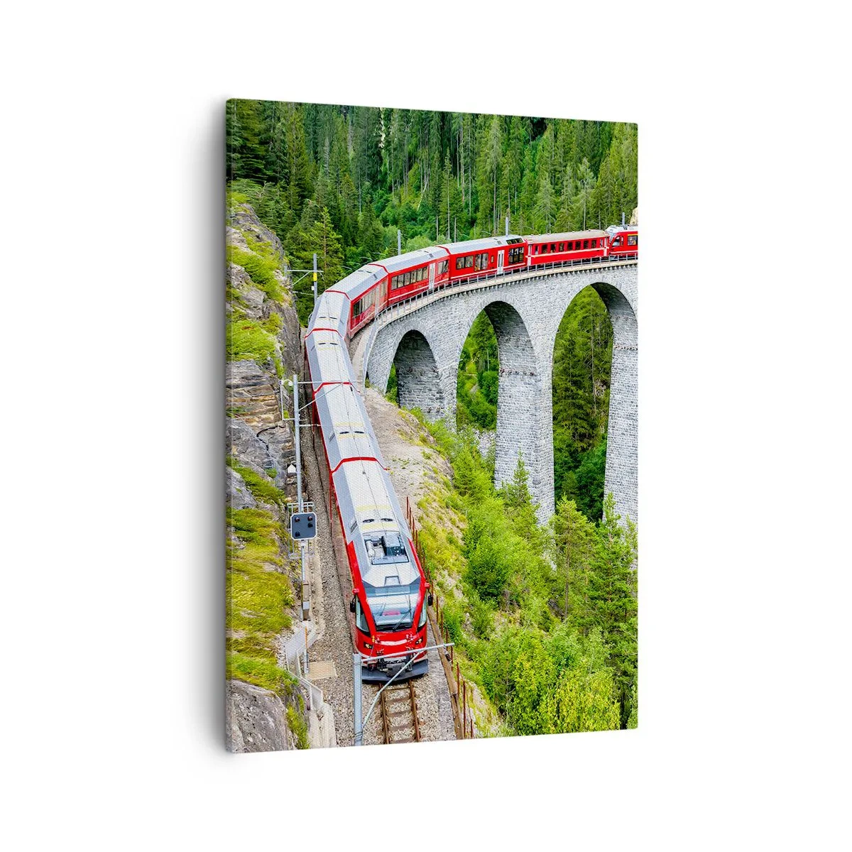 Bild auf Leinwand - Leinwandbild - Ein Zug auf einem malerischen Viadukt in einer Berglandschaft - 50x70cm - Eisenbahn für Bergblick - Moderne Wanddekoration für Wohnzimmer und Schlafzimmer ARTTOR
