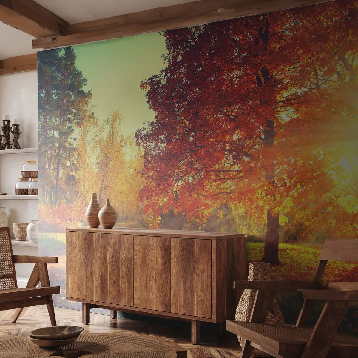Fototapete Premium Sand - Herbstpark in den Strahlen der untergehenden Sonne - 100x70cm - Unhöflich ist schön - Moderne Wanddekoration für Wohnzimmer und Schlafzimmer ARTTOR