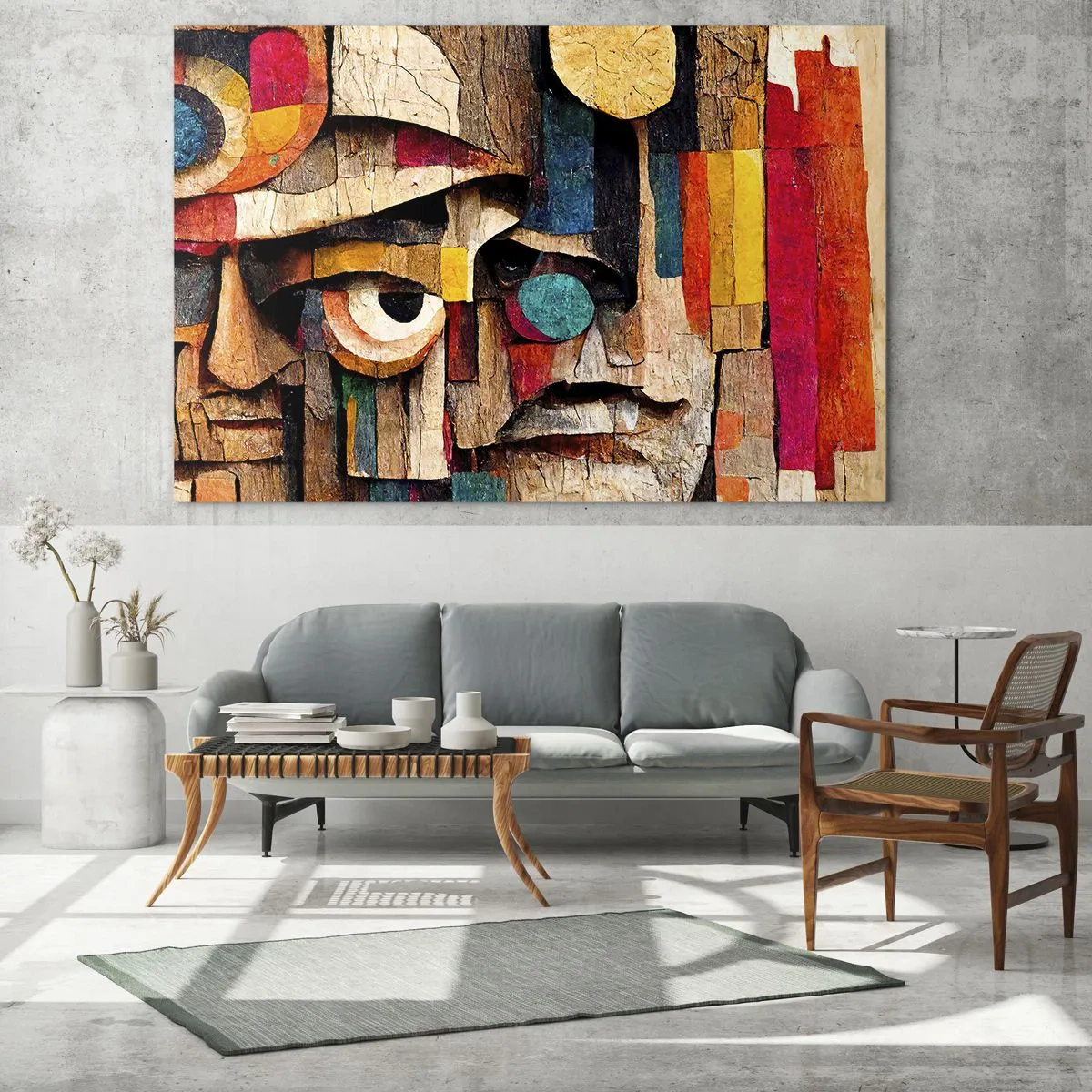 Glasbild - Bild auf glas - Bunte geometrische Gesichter im abstrakten Stil - 70x50cm - Ich sehe dich… - Moderne Wanddekoration für Wohnzimmer und Schlafzimmer ARTTOR
