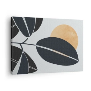 Bild auf Leinwand - Leinwandbild - Ein minimalistisches Blattmotiv mit einer strahlenden Sonne im Hintergrund. - 70x50cm - Heißer Sommertag - Moderne Wanddekoration für Wohnzimmer und Schlafzimmer ARTTOR