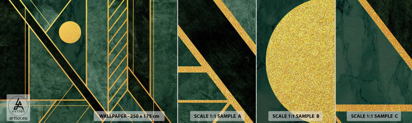 Fototapeten Muster Premium Sand - Dynamik von Gold und Azurblau - Abstraktion, Stück, Geometrisches Muster - 100x30 cm