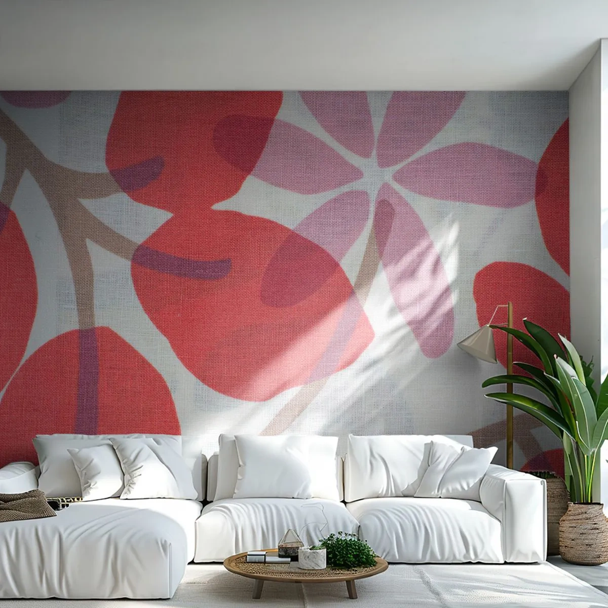 Fototapete Premium Sand - Blumenmuster in Rot und Rosa auf hellem Hintergrund - 100x70cm - Blumenarrangement in Rosa - Moderne Wanddekoration für Wohnzimmer und Schlafzimmer ARTTOR