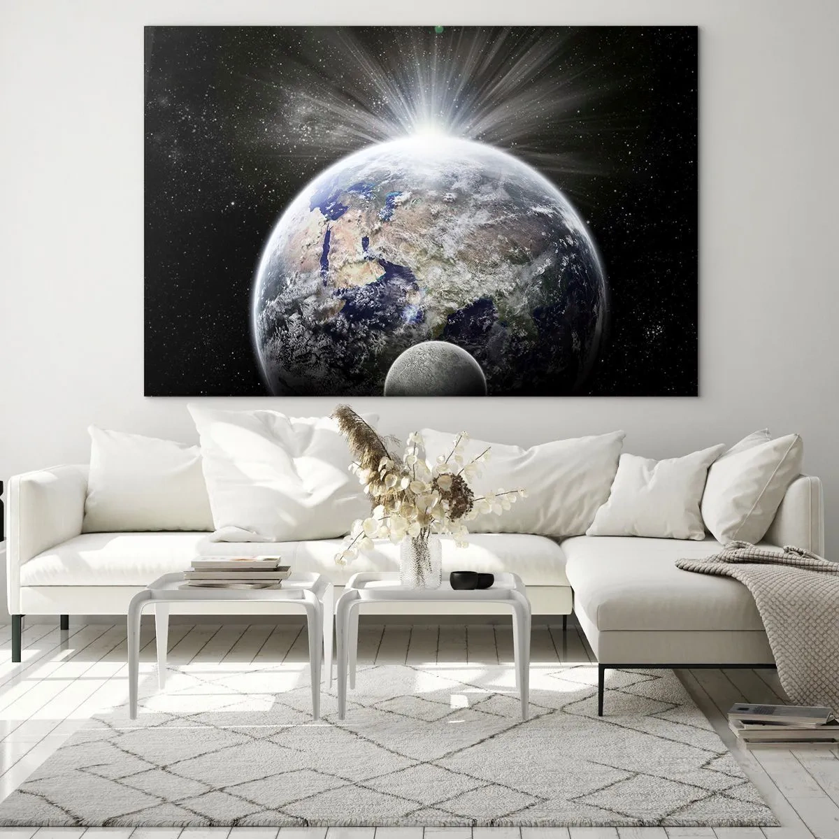 Glasbild - Bild auf glas - Erde und Mond in einer Weltraumlandschaft - 120x80cm - In voller Pracht - Moderne Wanddekoration für Wohnzimmer und Schlafzimmer ARTTOR