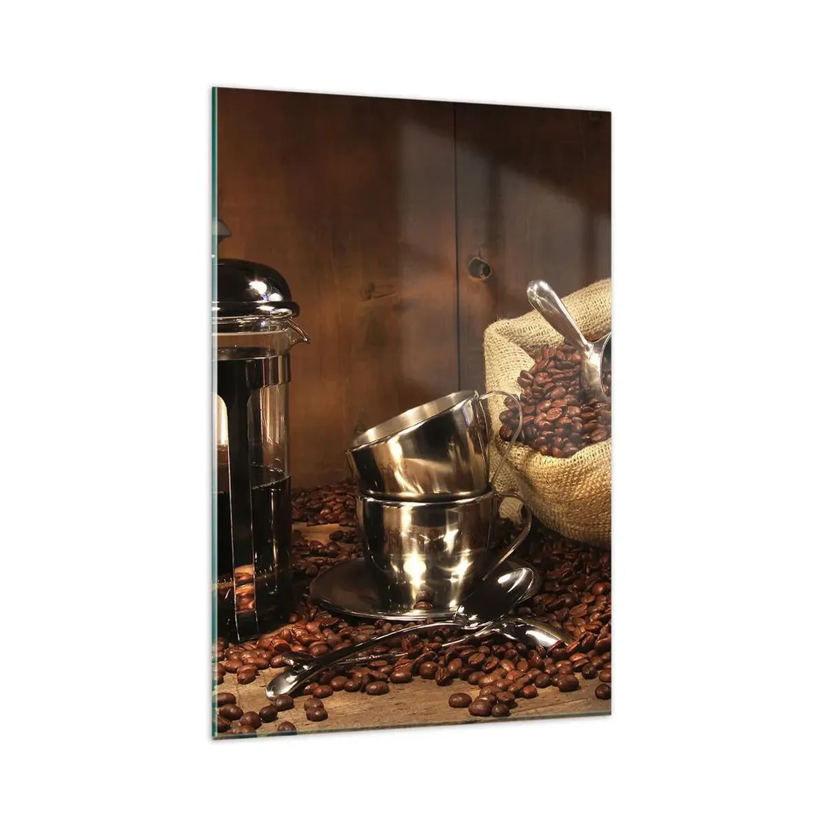 Glasbild - Bild auf glas - French Press, Tassen und eine Tüte Kaffee auf einem hölzernen Hintergrund - 80x120cm - Der Charme des Kaffees - Aroma und Geschmack - Moderne Wanddekoration für Wohnzimmer und Schlafzimmer ARTTOR
