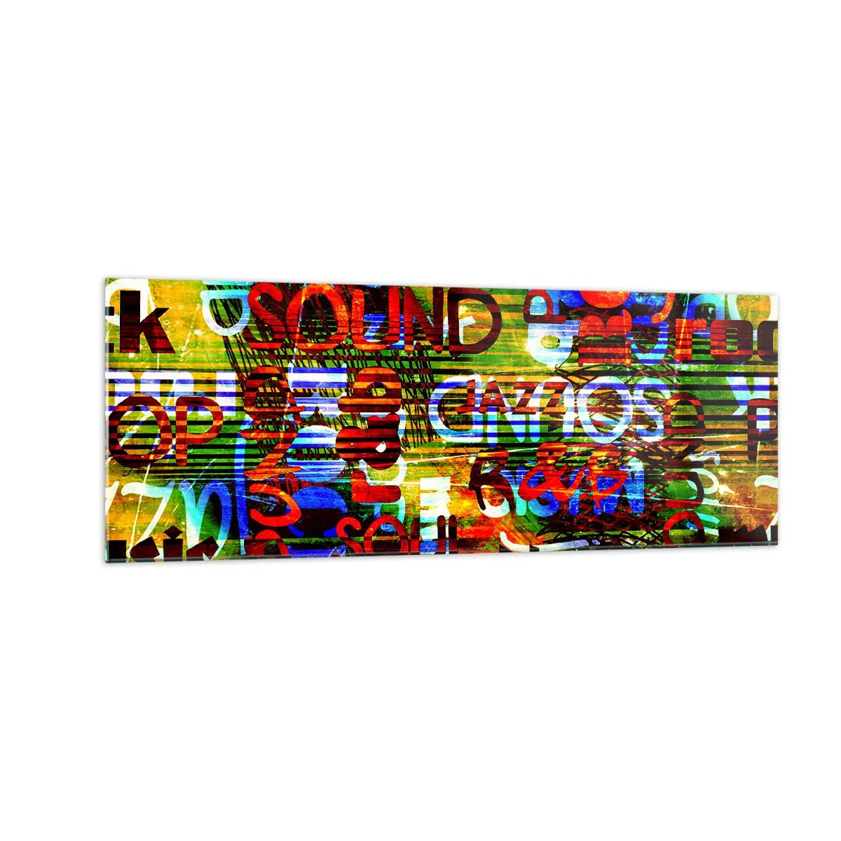 Glasbild - Bild auf glas - Bunte Abstraktion mit Musikinschriften im Pop-Art-Stil - 140x50cm - Alle Farben des Klangs - Moderne Wanddekoration für Wohnzimmer und Schlafzimmer ARTTOR