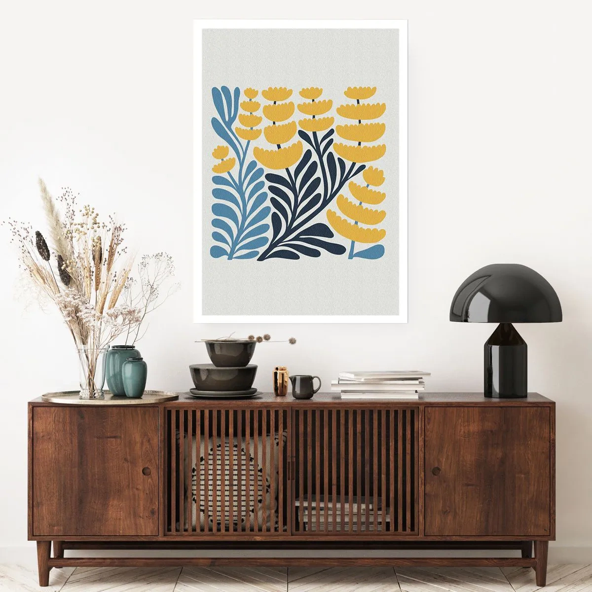 Poster - Stilisierte gelbe und marineblaue Blumen im minimalistischen Stil - 50x70cm - Sonniges Blumenbeet - Moderne Wanddekoration für Wohnzimmer und Schlafzimmer ARTTOR