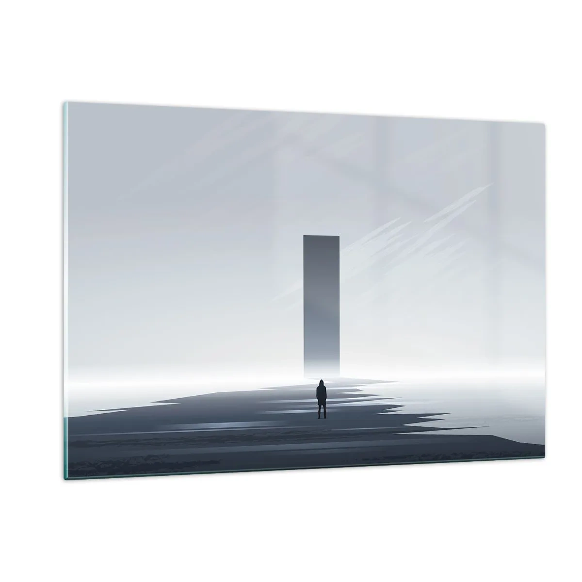 Glasbild - Bild auf glas - Eine minimalistische Landschaft mit einer Figur und einem Monolithen in der Ferne. - 120x80cm - Chance oder Bedrohung? - Moderne Wanddekoration für Wohnzimmer und Schlafzimmer ARTTOR