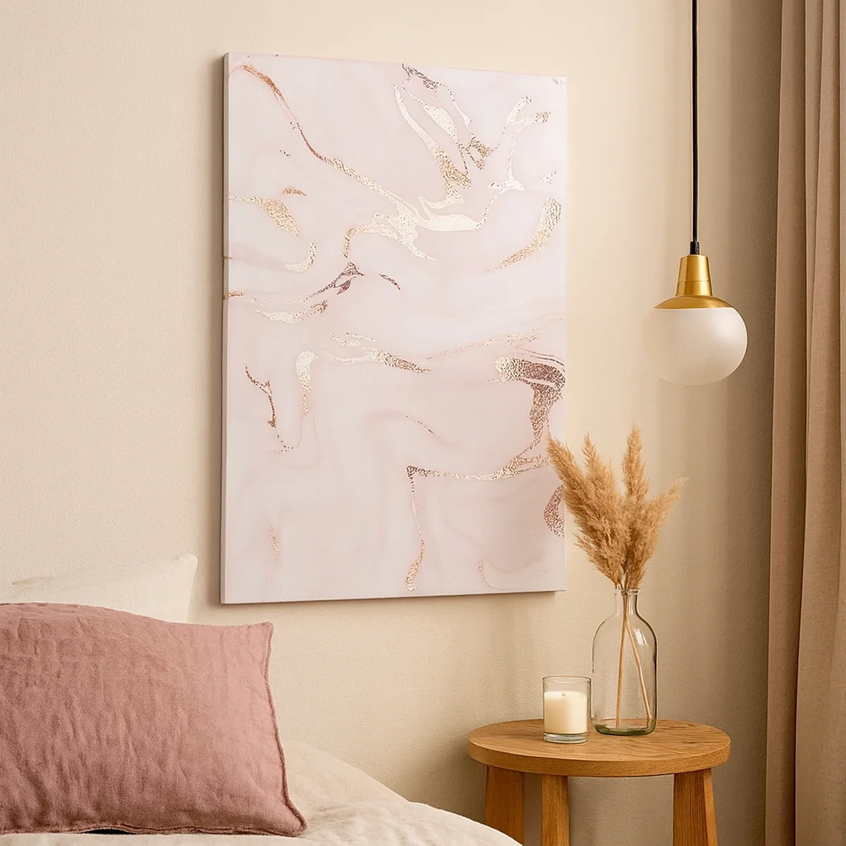 Bild auf Leinwand - Leinwandbild - Elegante Abstraktion in Rosa- und Goldtönen - 50x70cm - In einem rosa Schal - Moderne Wanddekoration für Wohnzimmer und Schlafzimmer ARTTOR