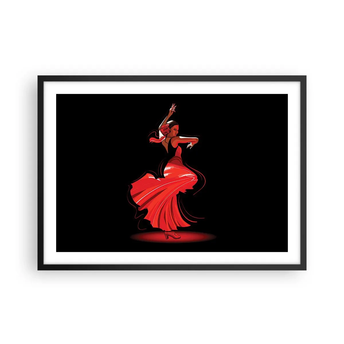 Poster in einem schwarzem Rahmen - Flamenco-Tänzerin in einem roten Kleid vor schwarzem Hintergrund - 70x50cm - Der feurige Geist des Flamenco - Moderne Wanddekoration für Wohnzimmer und Schlafzimmer ARTTOR