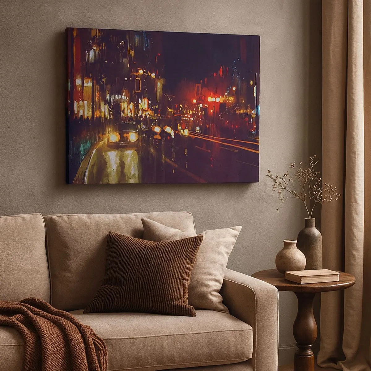 Bild auf Leinwand - Leinwandbild - Nachtszene in der Stadt mit bunten Lichtern und Straßenreflexionen - 70x50cm - Eingetaucht in die Lichter der Nacht - Moderne Wanddekoration für Wohnzimmer und Schlafzimmer ARTTOR