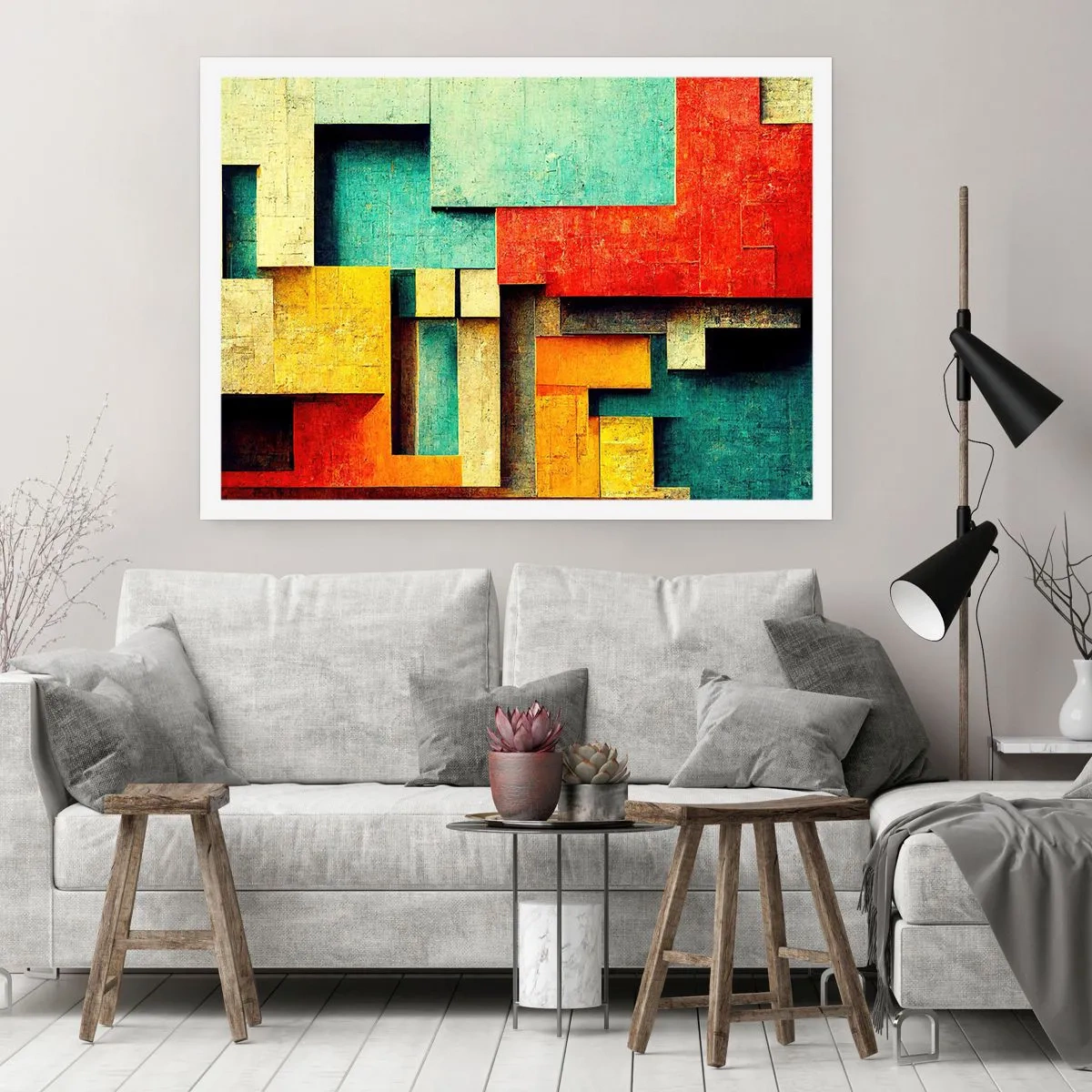 Poster - Abstrakte geometrische Formen in leuchtenden Farben - 100x70cm - Festival der rechten Winkel - Moderne Wanddekoration für Wohnzimmer und Schlafzimmer ARTTOR