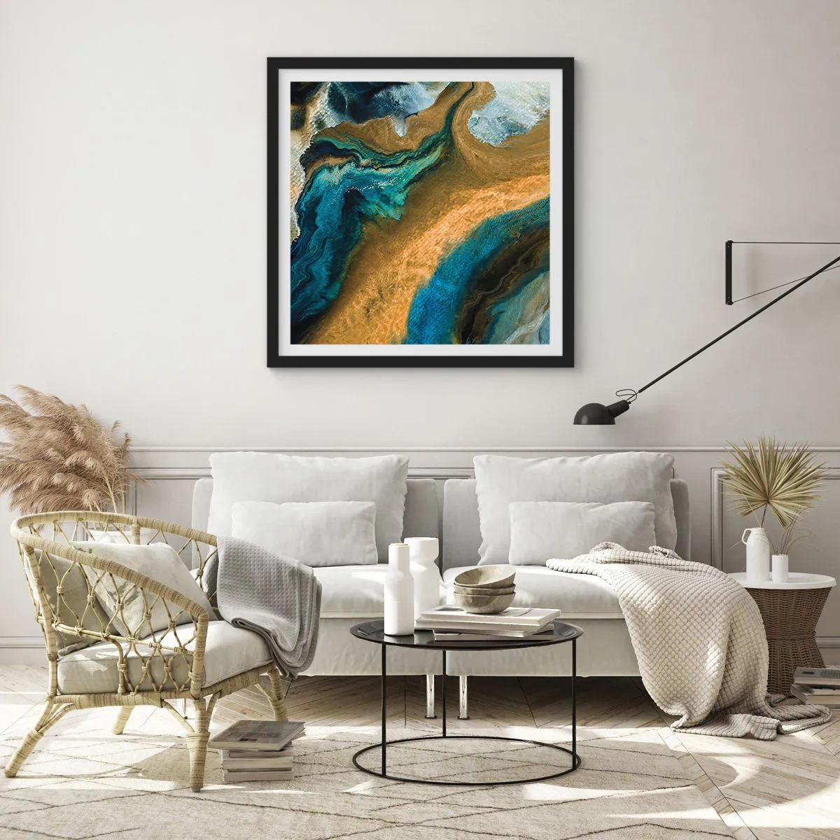 Poster in einem schwarzem Rahmen - Blau - Gelb - gegenseitige Beeinflussung - 30x30 cm