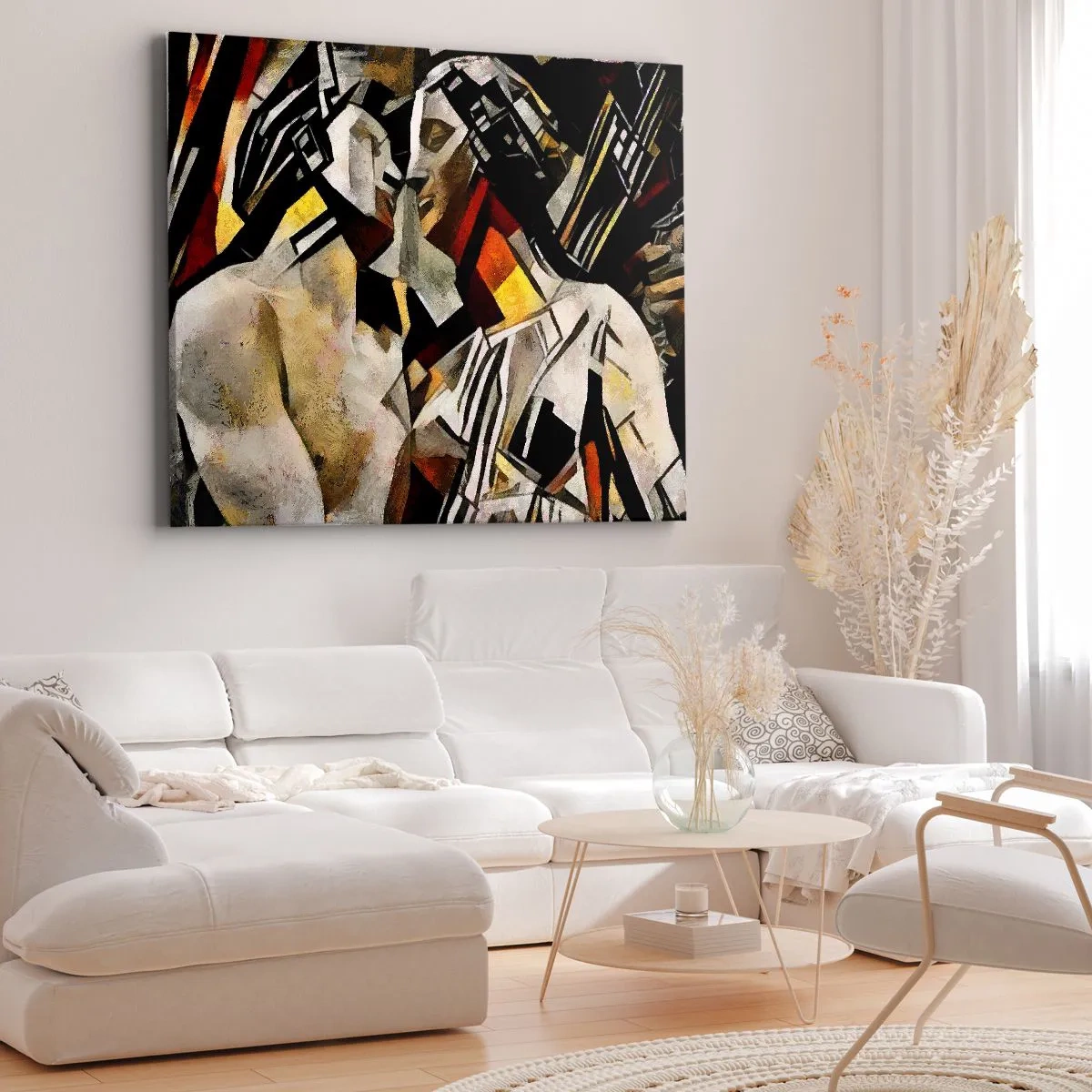 Bild auf Leinwand - Leinwandbild - Abstrakte Komposition mit Silhouetten in dynamischer Form - 70x50cm - Ein statuenhafter Kuss - Moderne Wanddekoration für Wohnzimmer und Schlafzimmer ARTTOR