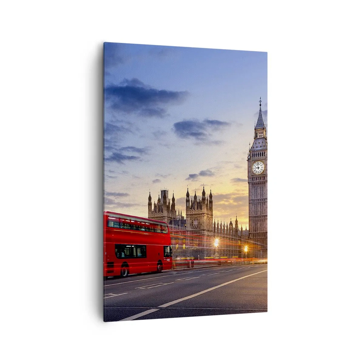 Bild auf Leinwand - Leinwandbild - Ein roter Bus mit Big Ben und den Houses of Parliament im Hintergrund in der Abenddämmerung. - 80x120cm - Spezielle Charaktere - Moderne Wanddekoration für Wohnzimmer und Schlafzimmer ARTTOR