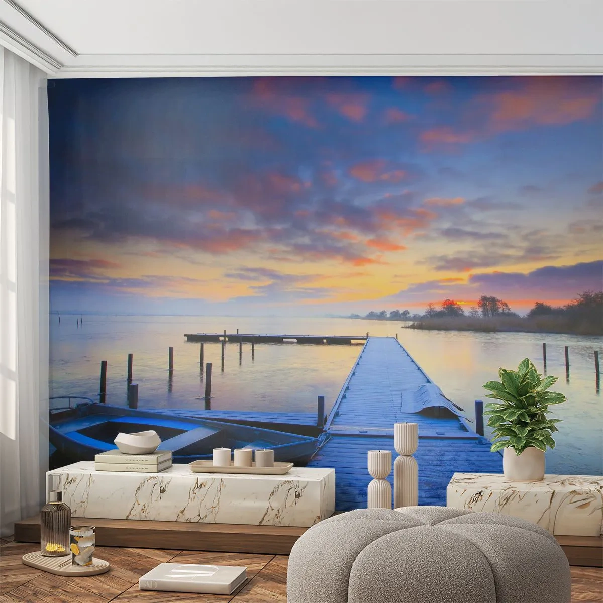 Selbstklebende Fototapete Deluxe Sticker - Violett-goldene Ruhe - Landschaft, See, Boot - 300x210 cm