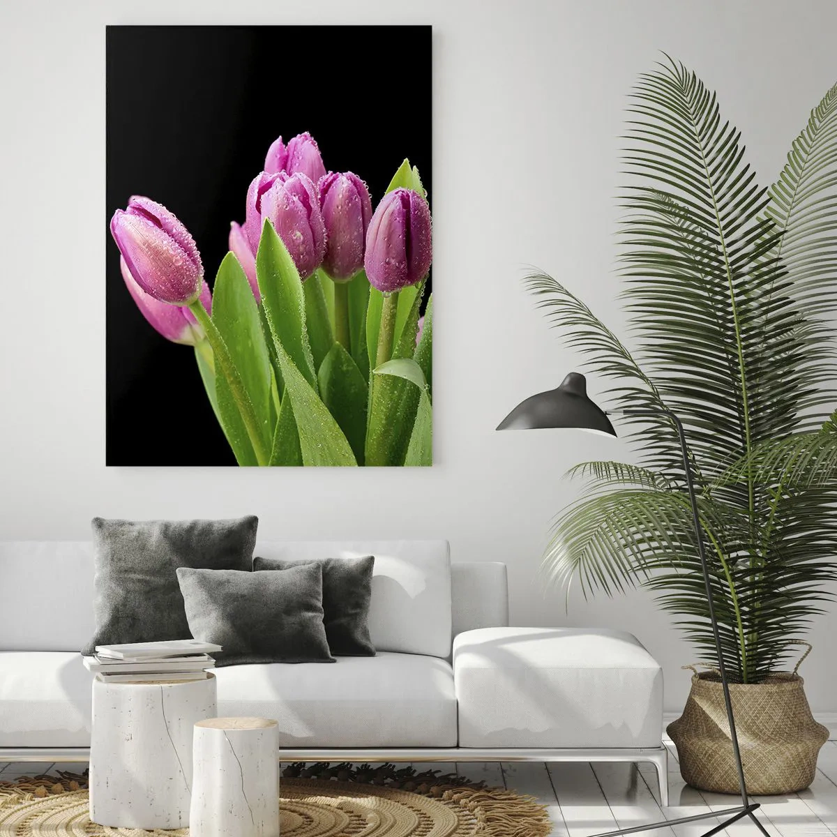 Glasbild - Bild auf glas - Rosa Tulpen mit Tautropfen auf schwarzem Hintergrund - 80x120cm - Lila Frühlingsfreude - Moderne Wanddekoration für Wohnzimmer und Schlafzimmer ARTTOR