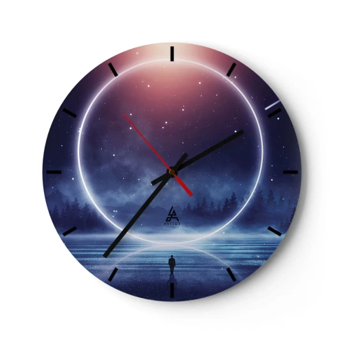 Wanduhr - Glasuhr - Ein Weltraumring über dem Wasser und eine Gestalt, die dorthin blickt. - 30x30cm - Sie sind schon da ... - Moderne Wanddekoration für Wohnzimmer, Küche und Schlafzimmer ARTTOR