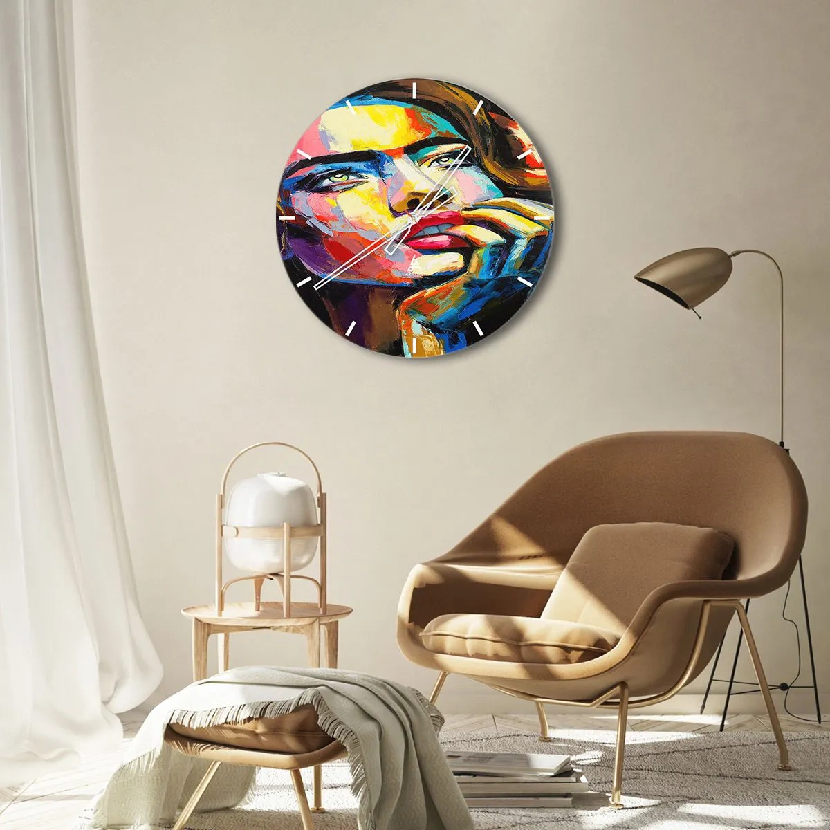 Wanduhr - Glasuhr - Farbenfrohes Porträt einer Frau im abstrakten Stil - 30x30cm - Träume fliegen am Himmel wie Vögel - Moderne Wanddekoration für Wohnzimmer, Küche und Schlafzimmer ARTTOR