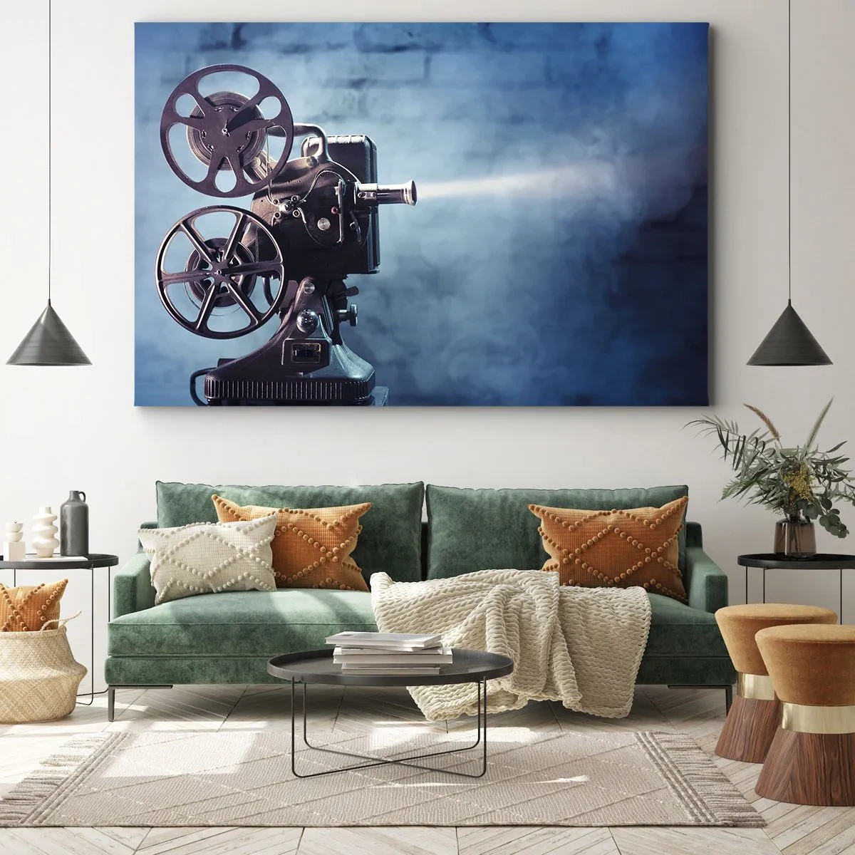 Bild auf Leinwand - Leinwandbild - Ein alter Filmprojektor wirft Licht vor einen blauen Hintergrund - 70x50cm - Im alten Kino - Moderne Wanddekoration für Wohnzimmer und Schlafzimmer ARTTOR