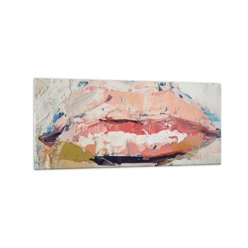 Glasbild - Bild auf glas - Eine abstrakte Komposition, die die Lippen einer Frau in Pastellfarben darstellt. - 120x50cm - Es weckt die Sinne - Moderne Wanddekoration für Wohnzimmer und Schlafzimmer ARTTOR