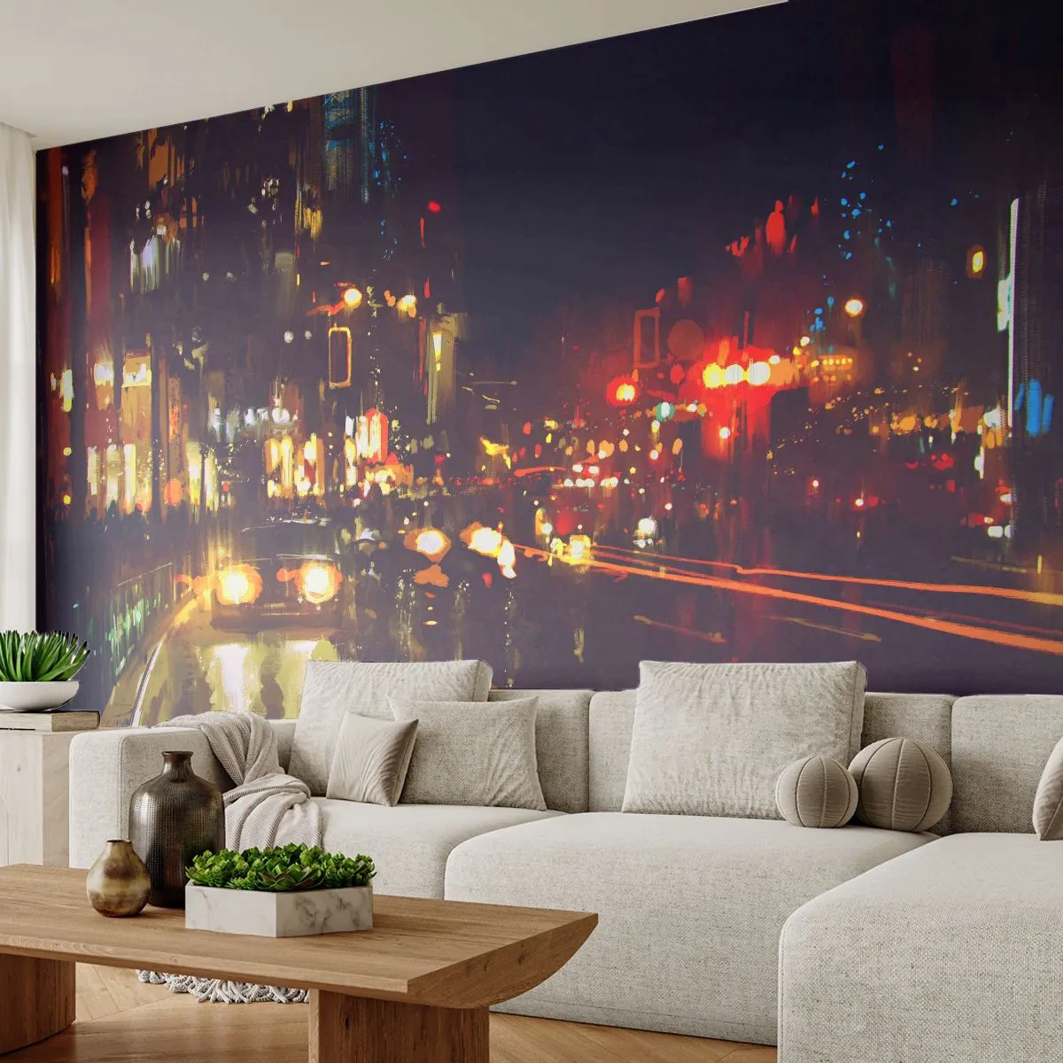 Selbstklebende Fototapete Deluxe Sticker - Eingetaucht in die Lichter der Nacht - Stadt, Die Architektur, Nachtleben - 450x315 cm