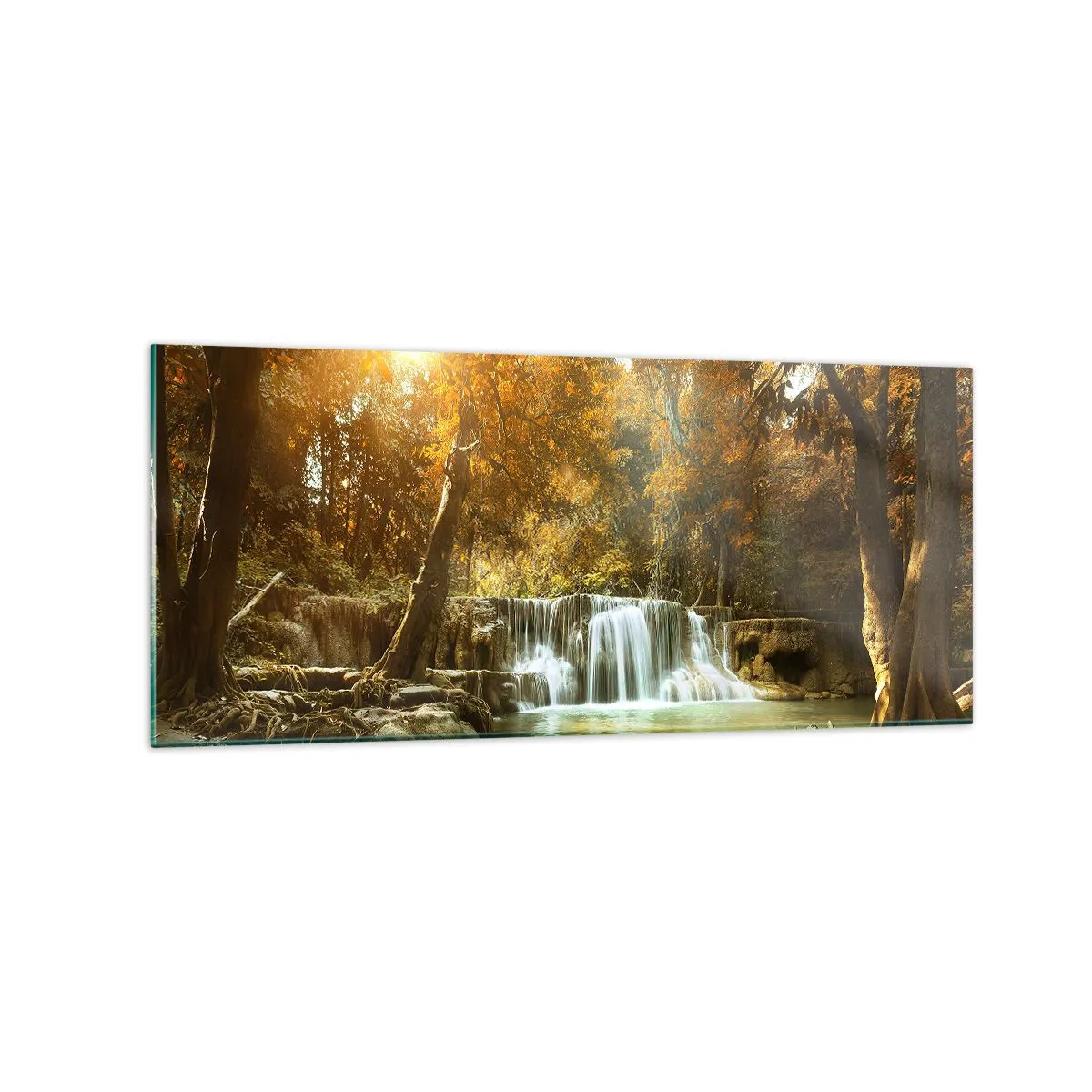 Glasbild - Bild auf glas - Herbstlandschaft mit Wasserfall - 120x50cm - Parkkaskade - Moderne Wanddekoration für Wohnzimmer und Schlafzimmer ARTTOR