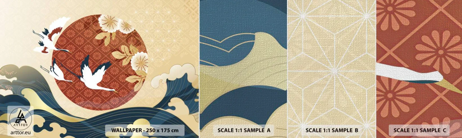 Fototapeten Muster Premium Canvas - Japanisches Märchen - Reiher, Vogel, Abstraktion - 100x30 cm