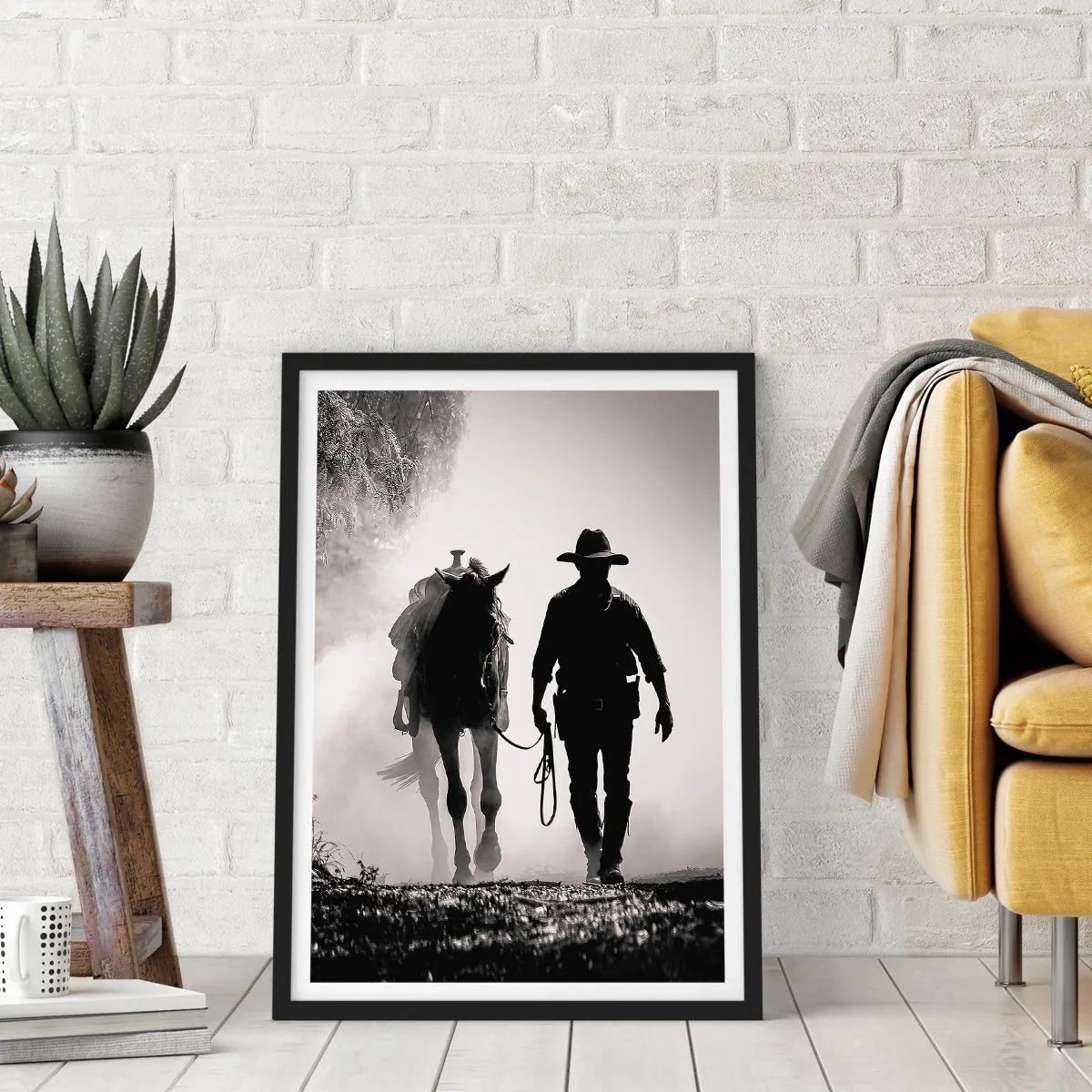 Poster in einem schwarzem Rahmen - Silhouette eines Cowboys mit seinem Pferd im Morgennebel - 50x70cm - Texas-Morgen - Moderne Wanddekoration für Wohnzimmer und Schlafzimmer ARTTOR