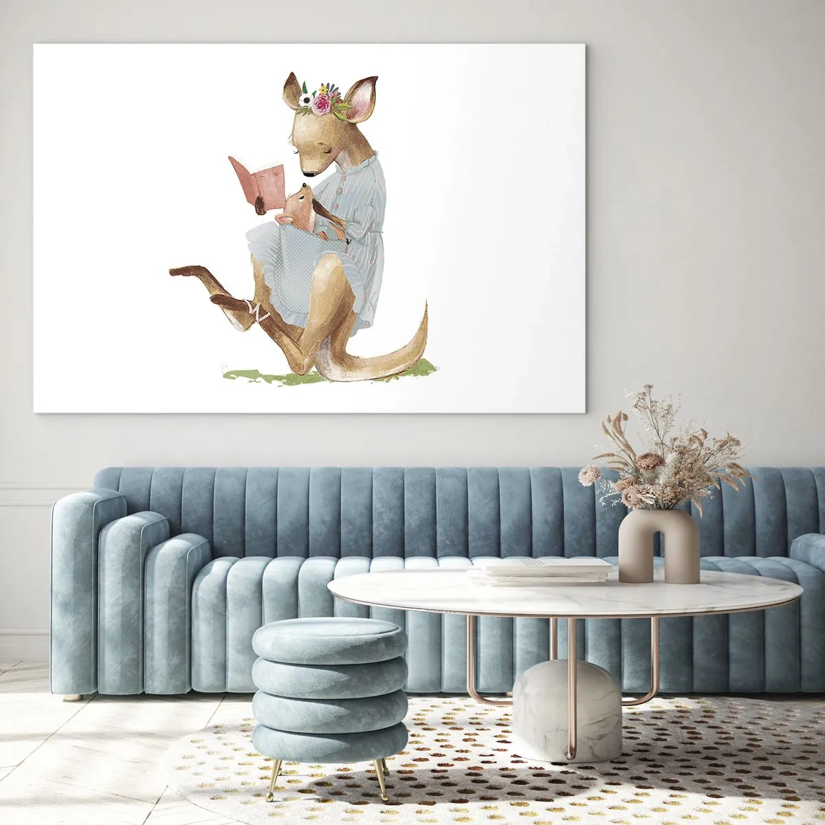 Glasbild - Bild auf glas - Eine Känguru-Mutter liest einem Känguru-Baby ein Buch vor - 70x50cm - Lies mir vor Mama - Moderne Wanddekoration für Wohnzimmer und Schlafzimmer ARTTOR