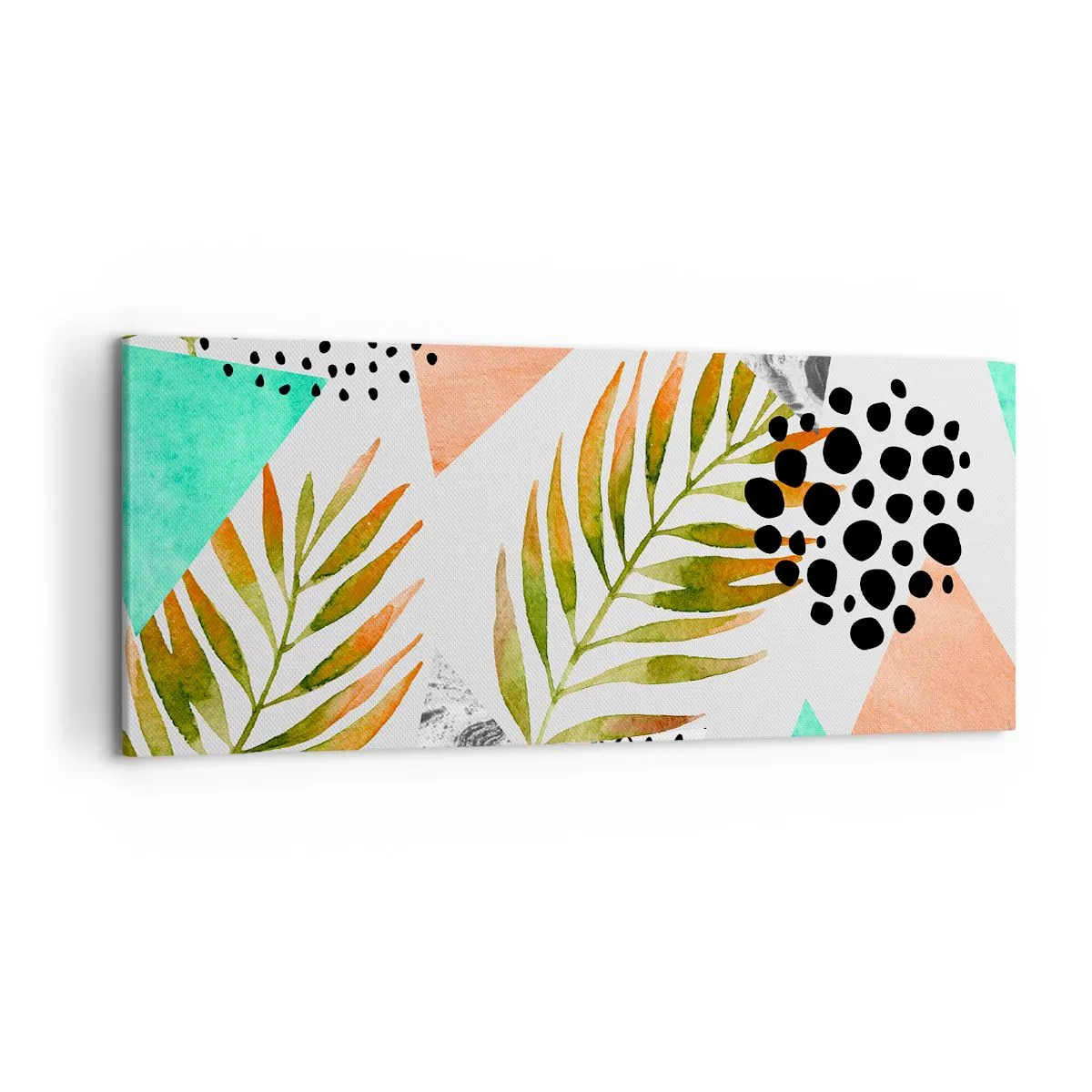 Bild auf Leinwand - Leinwandbild - Tropisches Muster mit Blättern und geometrischen Formen - 120x50cm - Dekoration mit Palmblatt - Moderne Wanddekoration für Wohnzimmer und Schlafzimmer ARTTOR