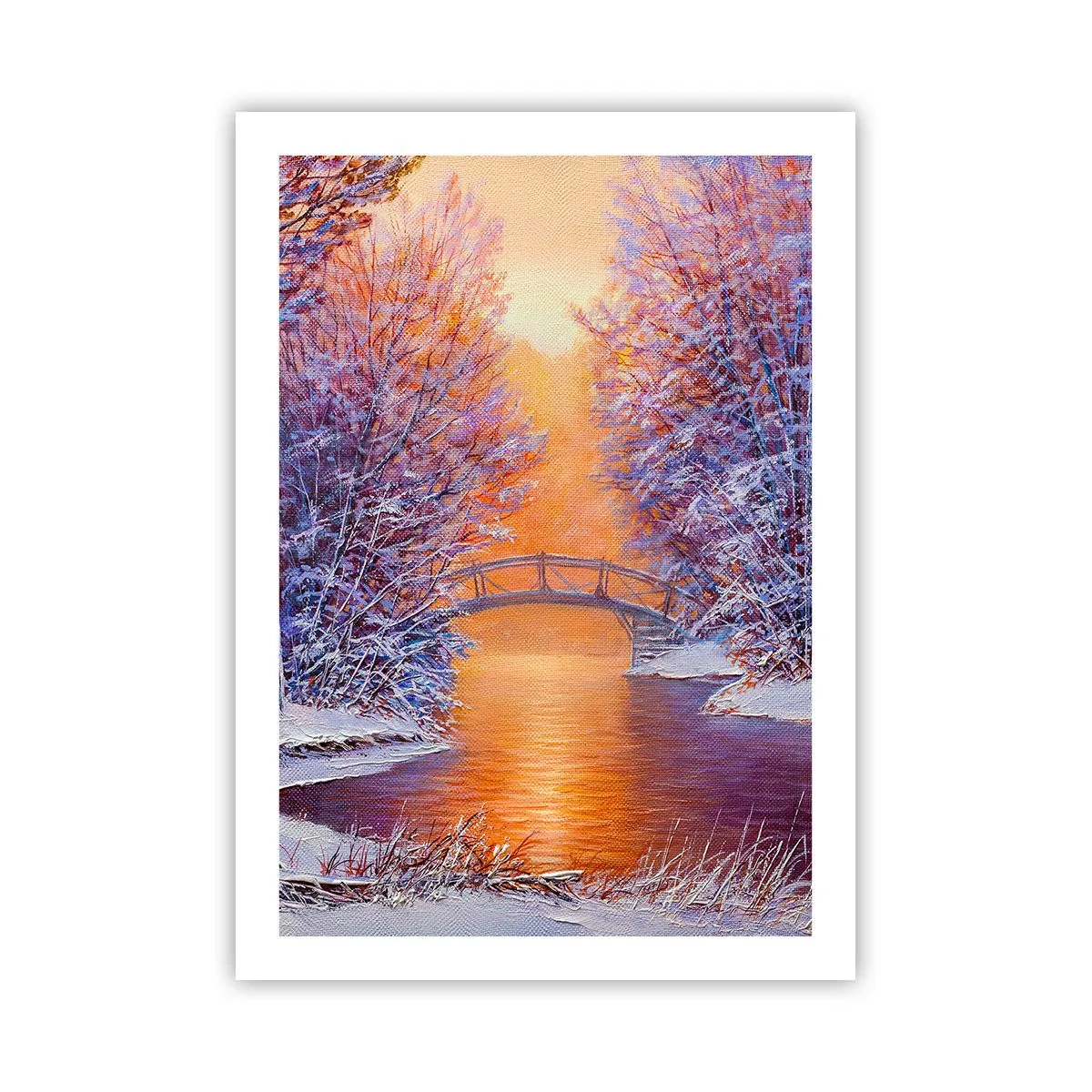 Poster - Winterlandschaft mit einer Brücke und der untergehenden Sonne, die sich im Fluss spiegelt - 50x70cm - Treffen wir uns hier - Moderne Wanddekoration für Wohnzimmer und Schlafzimmer ARTTOR