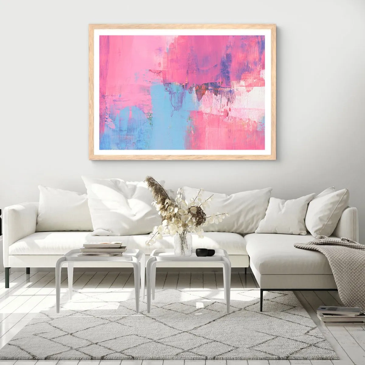 Poster in einem Rahmen aus heller Eiche - Rosa, Blau und eine Prise Licht - 70x50 cm