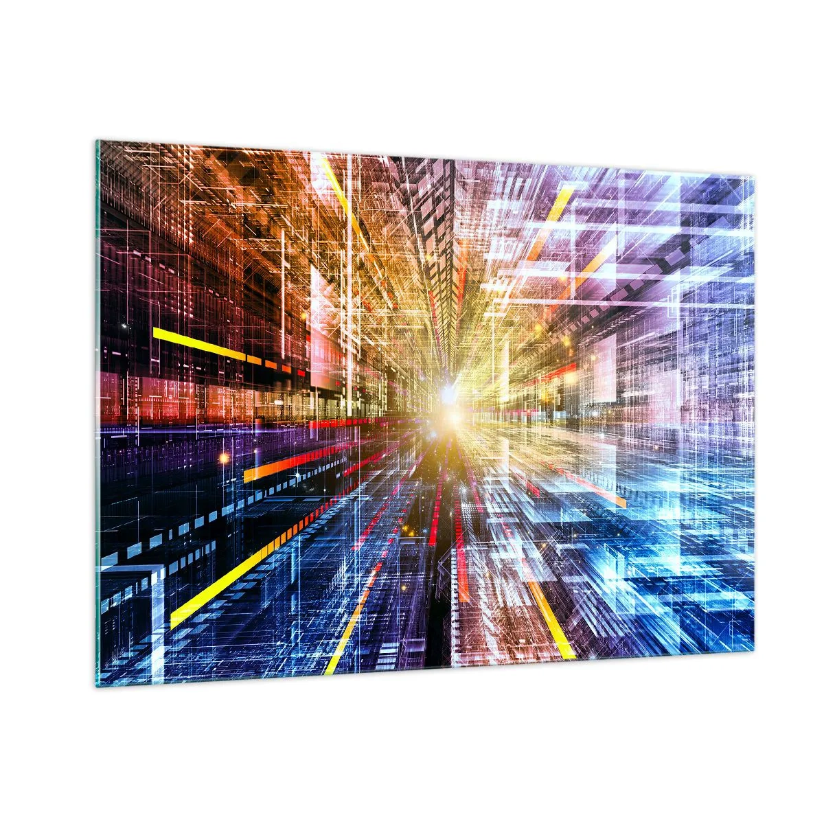 Glasbild - Bild auf glas - Abstrakte Vision mit farbigen Linien und Licht - 100x70cm - Leuchtender Korridor - Moderne Wanddekoration für Wohnzimmer und Schlafzimmer ARTTOR