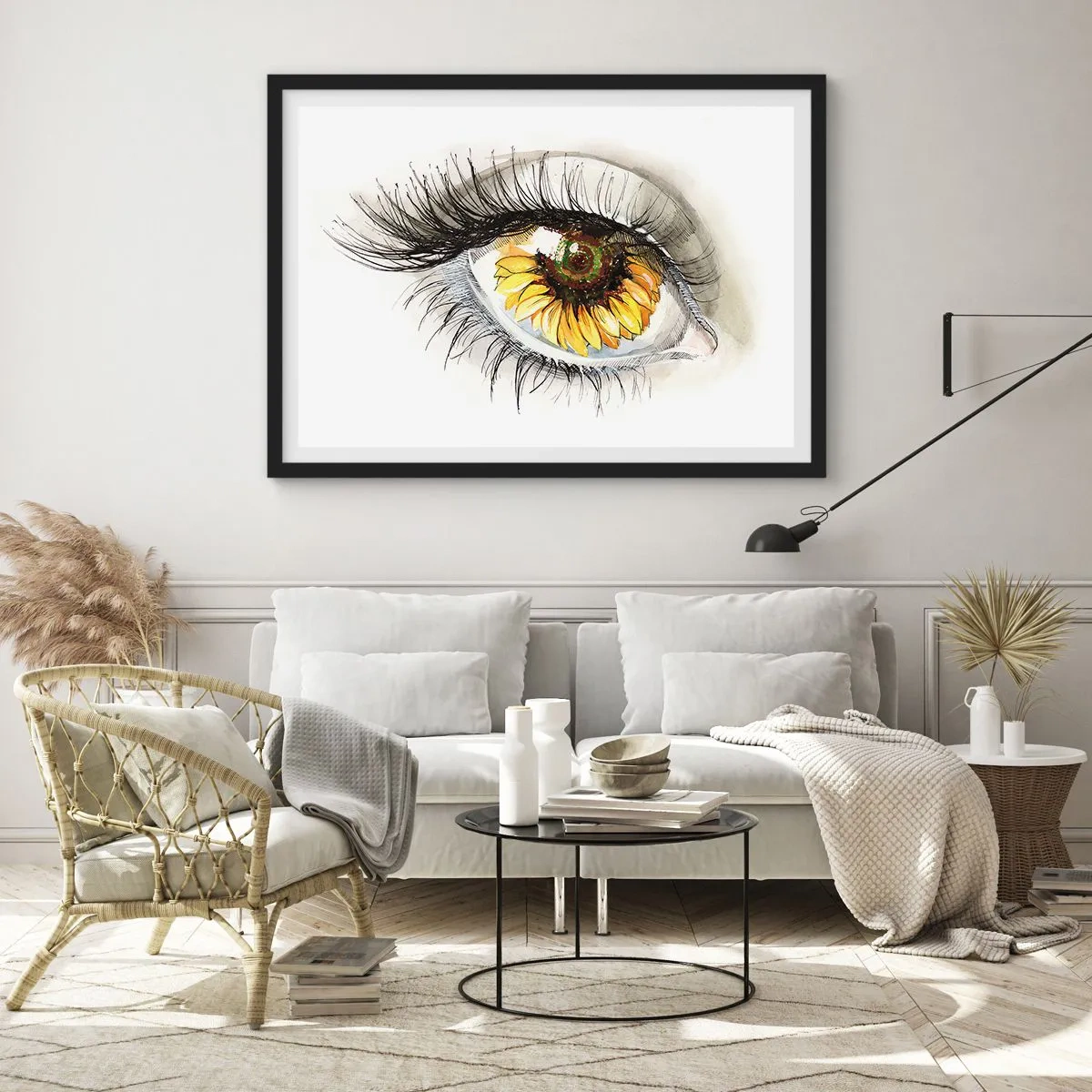 Poster in einem schwarzem Rahmen - Künstlerisches Auge mit sonnenblumenförmiger Iris - 100x70cm - Ein Look so heiß wie der Sommer - Moderne Wanddekoration für Wohnzimmer und Schlafzimmer ARTTOR