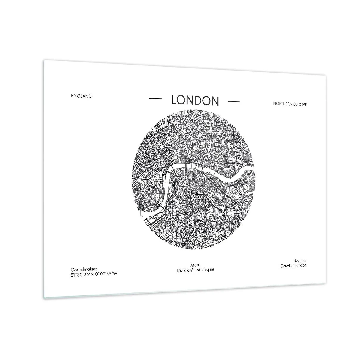 Glasbild - Bild auf glas - Eine detaillierte Karte von London im grafischen Schwarz-Weiß-Stil. - 70x50cm - Anatomie von London - Moderne Wanddekoration für Wohnzimmer und Schlafzimmer ARTTOR