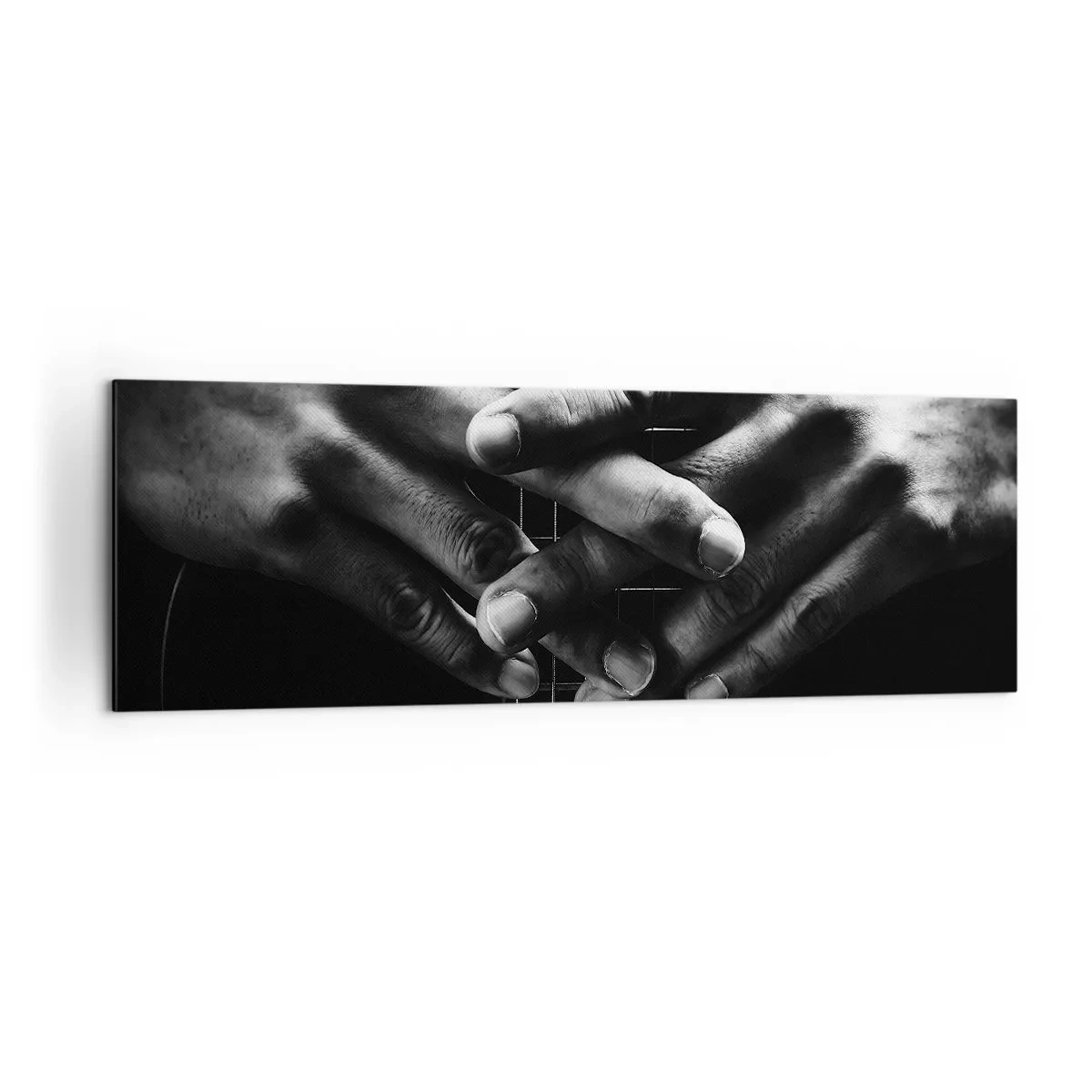 Bild auf Leinwand - Leinwandbild - Hände auf einer Gitarre in einem monochromen Ton gefaltet - 160x50cm - Gebet des Künstlers - Moderne Wanddekoration für Wohnzimmer und Schlafzimmer ARTTOR